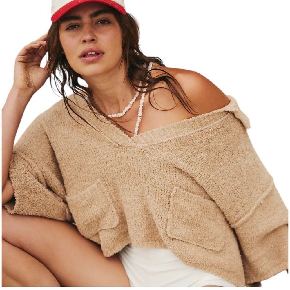 Free People Beach Women's Top SZ S Audra Tan Terry Oversized V Neck Collar Boho